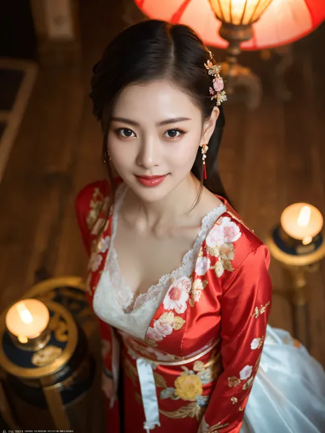 spring festival,1 girl,alone,decorationsผม,set,black hair,black eyes,chinese clothes,from above,lamp,decorations,red set,look at...