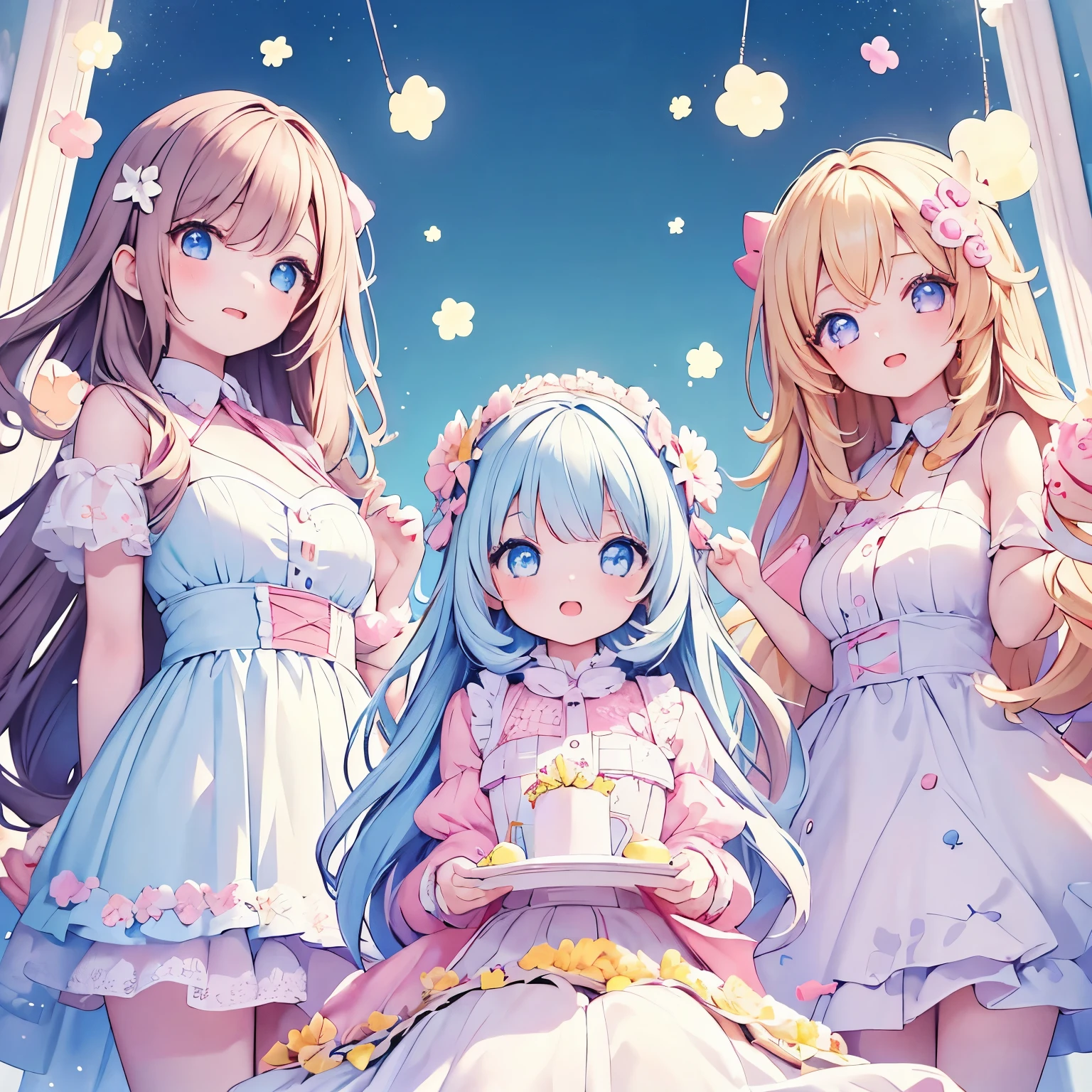 Tres chicas anime vestidas sosteniendo un pastel y flores - SeaArt AI