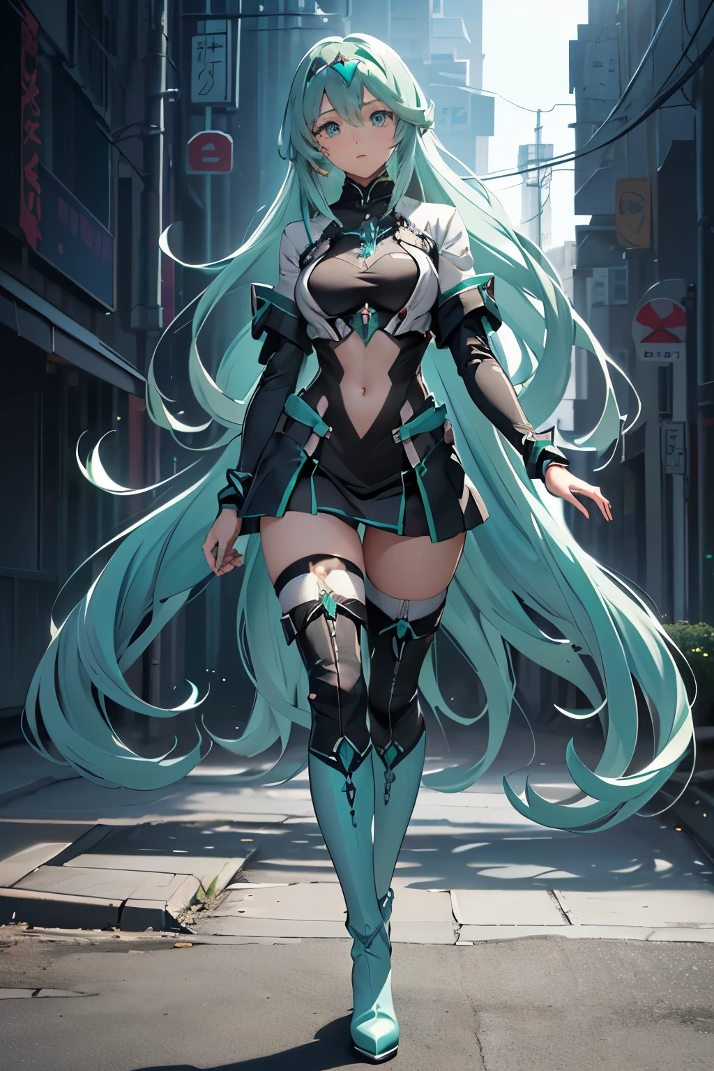 Anime, Girl, (((1girl))), (((Waifu, Xenoblade Chronicles 2, Pneuma Waifu))), Techwear, (((Seafoam Green Hair, Long Hair))), ((Seafoam Green Eyes eyes:1.3, Upturned Eyes: 1, Perfect Eyes, Beautiful Detailed Eyes, Gradient eyes: 1, Finely Detailed Beautiful Eyes: 1, Symmetrical Eyes: 1, Big Highlight On Eyes: 1.2)), (((Lustrous Skin: 1.5, Bright Skin: 1.5, Skin Fair, Shiny Skin, Very Shiny Skin, Shiny Body, Plastic Glitter Skin, Exaggerated Shiny Skin, Illuminated Skin))), (Detailed Body, (Detailed Face)), Young, Idol Pose, (Best Quality), Techwear, (((Military Uniform, Miliraty Cap, Military Coat, Thigh-high Heeled Boots))), High Resolution, Sharp Focus, Ultra Detailed, Extremely Detailed, Extremely High Quality Artwork, (Realistic, Photorealistic: 1.37), 8k_Wallpaper, (Extremely Detailed CG 8k), (Very Fine 8K CG), ((Hyper Super Ultra Detailed Perfect Piece)), (((Flawlessmasterpiece))), Illustration, Vibrant Colors, (Intricate), High Contrast, Selective Lighting, Double Exposure, HDR (High Dynamic Range), Post-processing, Background Blur