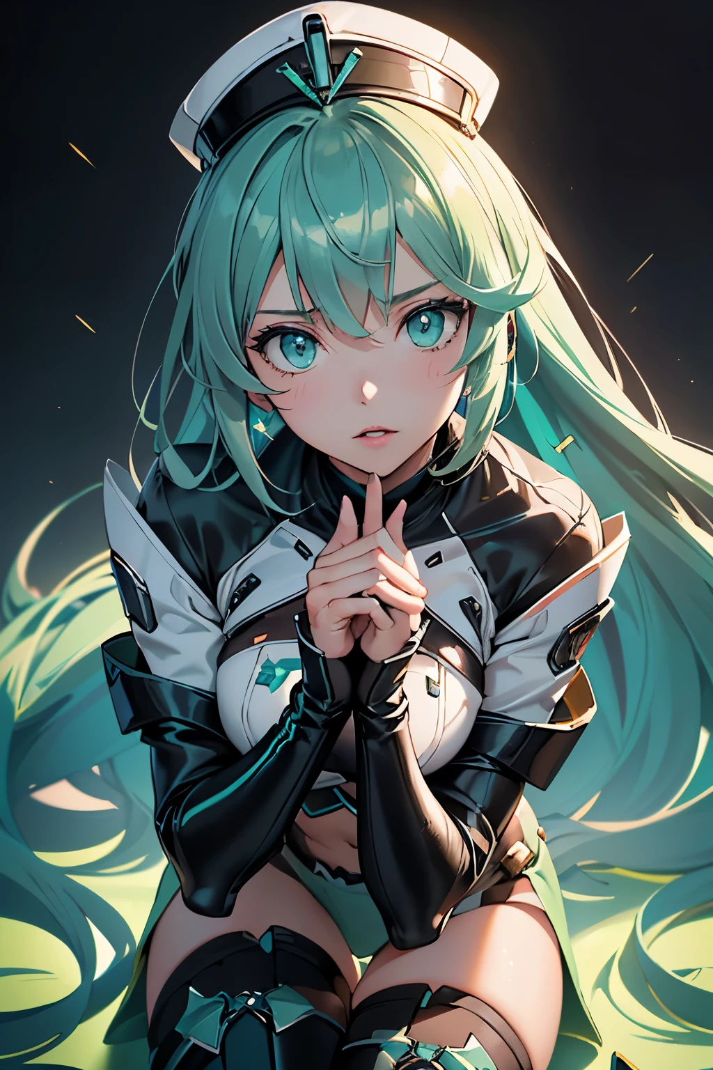 Anime, Girl, (((1girl))), (((Waifu, Xenoblade Chronicles 2, Pneuma Waifu))), Techwear, (((Seafoam Green Hair, Long Hair))), ((Seafoam Green Eyes eyes:1.3, Upturned Eyes: 1, Perfect Eyes, Beautiful Detailed Eyes, Gradient eyes: 1, Finely Detailed Beautiful Eyes: 1, Symmetrical Eyes: 1, Big Highlight On Eyes: 1.2)), (((Lustrous Skin: 1.5, Bright Skin: 1.5, Skin Fair, Shiny Skin, Very Shiny Skin, Shiny Body, Plastic Glitter Skin, Exaggerated Shiny Skin, Illuminated Skin))), (Detailed Body, (Detailed Face)), Young, Idol Pose, (Best Quality), Techwear, (((Military Uniform, Miliraty Cap, Military Coat, Thigh-high Heeled Boots))), High Resolution, Sharp Focus, Ultra Detailed, Extremely Detailed, Extremely High Quality Artwork, (Realistic, Photorealistic: 1.37), 8k_Wallpaper, (Extremely Detailed CG 8k), (Very Fine 8K CG), ((Hyper Super Ultra Detailed Perfect Piece)), (((Flawlessmasterpiece))), Illustration, Vibrant Colors, (Intricate), High Contrast, Selective Lighting, Double Exposure, HDR (High Dynamic Range), Post-processing, Background Blur