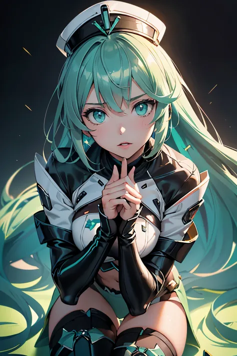 anime, girl, (((1girl))), (((waifu, xenoblade chronicles 2, pneuma waifu))), techwear, (((seafoam green hair, long hair))), ((se...