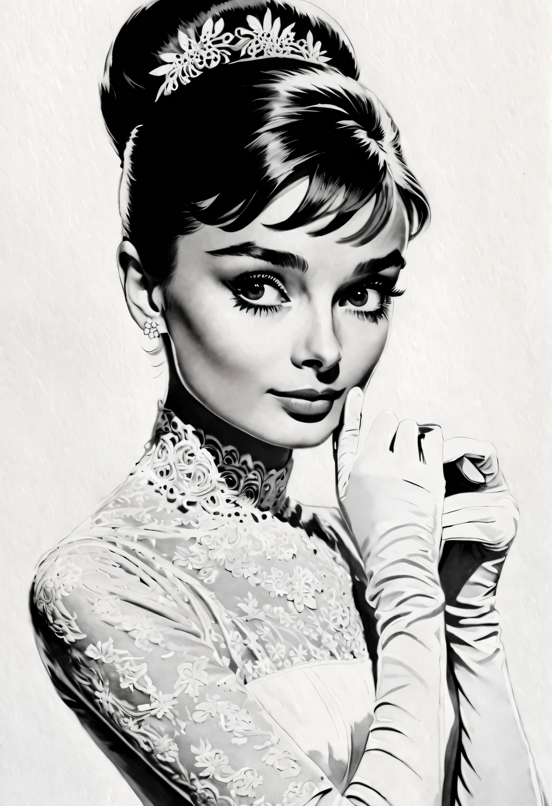 pen and ink art style, ink painting艺术风格, Beautiful detailed, ink painting, line art, black and white, White background, have no color, HD, Crazy details, Super please, elegant, Gorgeous, Surrealism, super detailed,
(Audrey Hepburn elegantly looks at the camera), (Wearing white lace evening gown gloves), with a White background, dramatic contrast, and clear, shiny hair, Emphasis on the depiction of exceptionally beautiful and bright eyes, smooth skin, portrait, Beautiful detailed, Super intricate and refined details, Outline with black ink, smooth lines, And the contrast of ink shades to express the characters&#39; expressions and postures, Simple background, Emphasis on light and space,