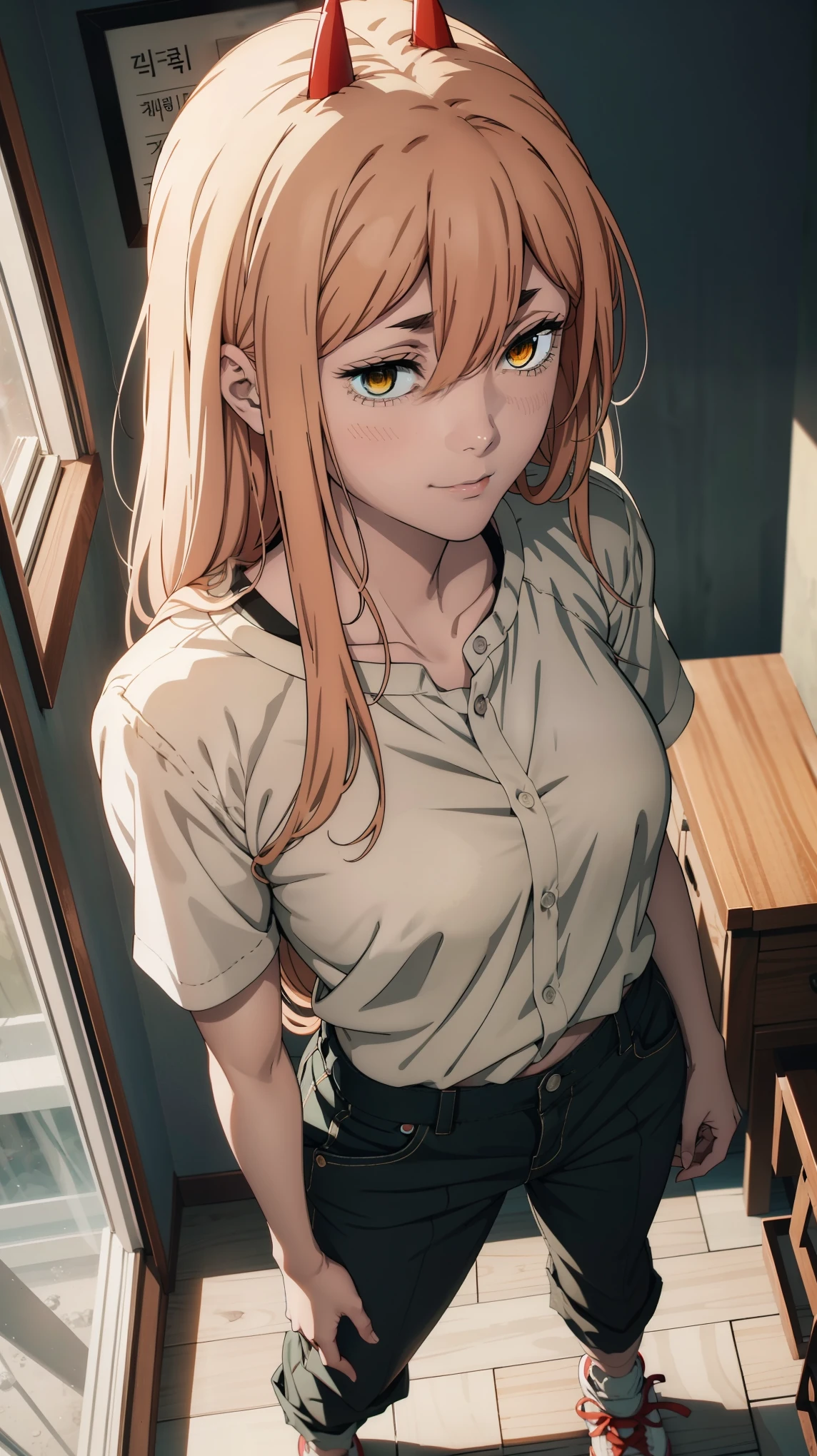 Anime girl with horns and a shirt on standing in a room - SeaArt AI