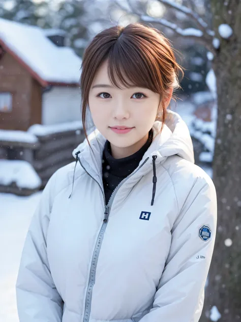 realistic pictures (1 Cute Japanese gravure idol) shoulder length hair, light makeup, big breasts, Wear a down jacket, in the sn...
