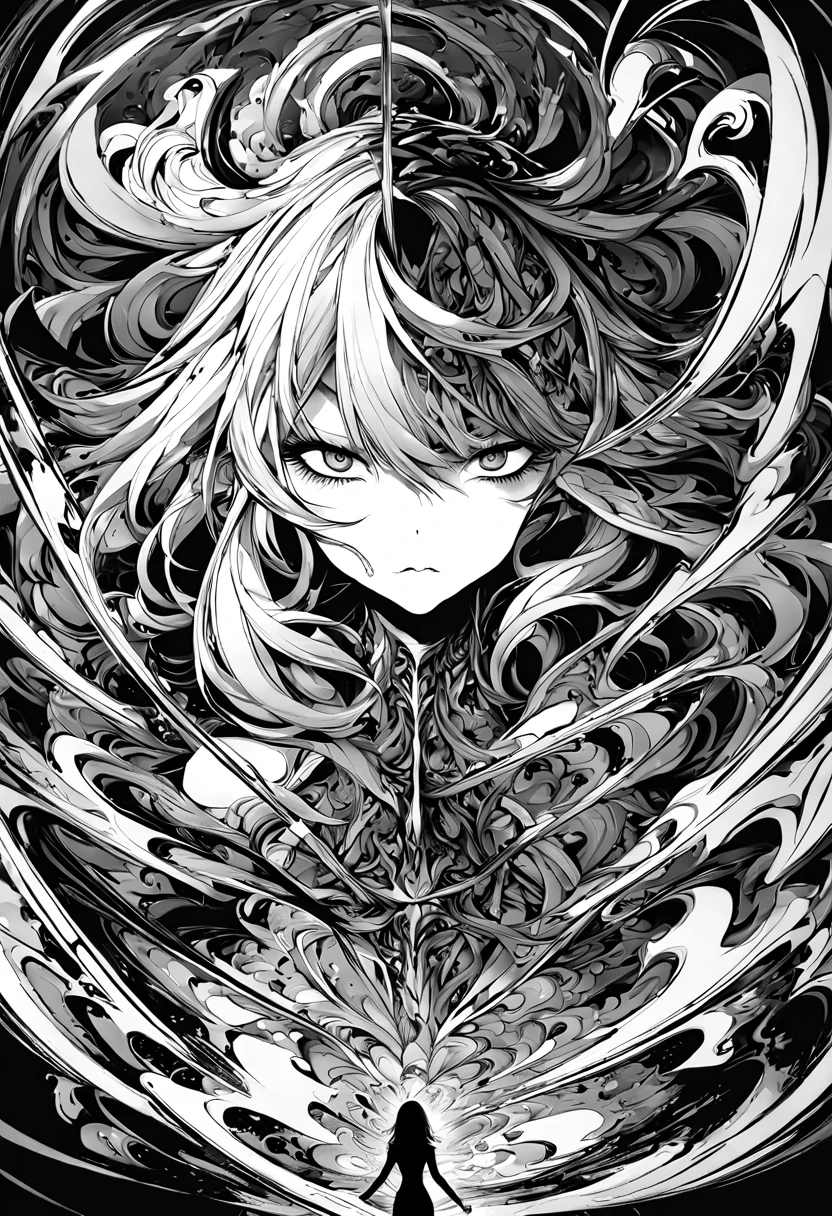 1girl, A girl in black and white ink drawing with hyperrealistic details and intricate patterns, captured in a mid-shot, showcasing dramatic expression and a 2/3 face angle. The artwork is characterized by bold and expressive brushstrokes that create a splash art effect. The image is of the highest quality, with a resolution of 4k or 8k, showcasing ultra-detailed features. It has a hyperrealistic, almost photographic quality. The art style is reminiscent of concept art, with a focus on capturing the essence of the subject. The contrast between black and white reflects a stark and impactful visual representation. The lighting is carefully crafted to enhance the intricacies and dynamic nature of the artwork.