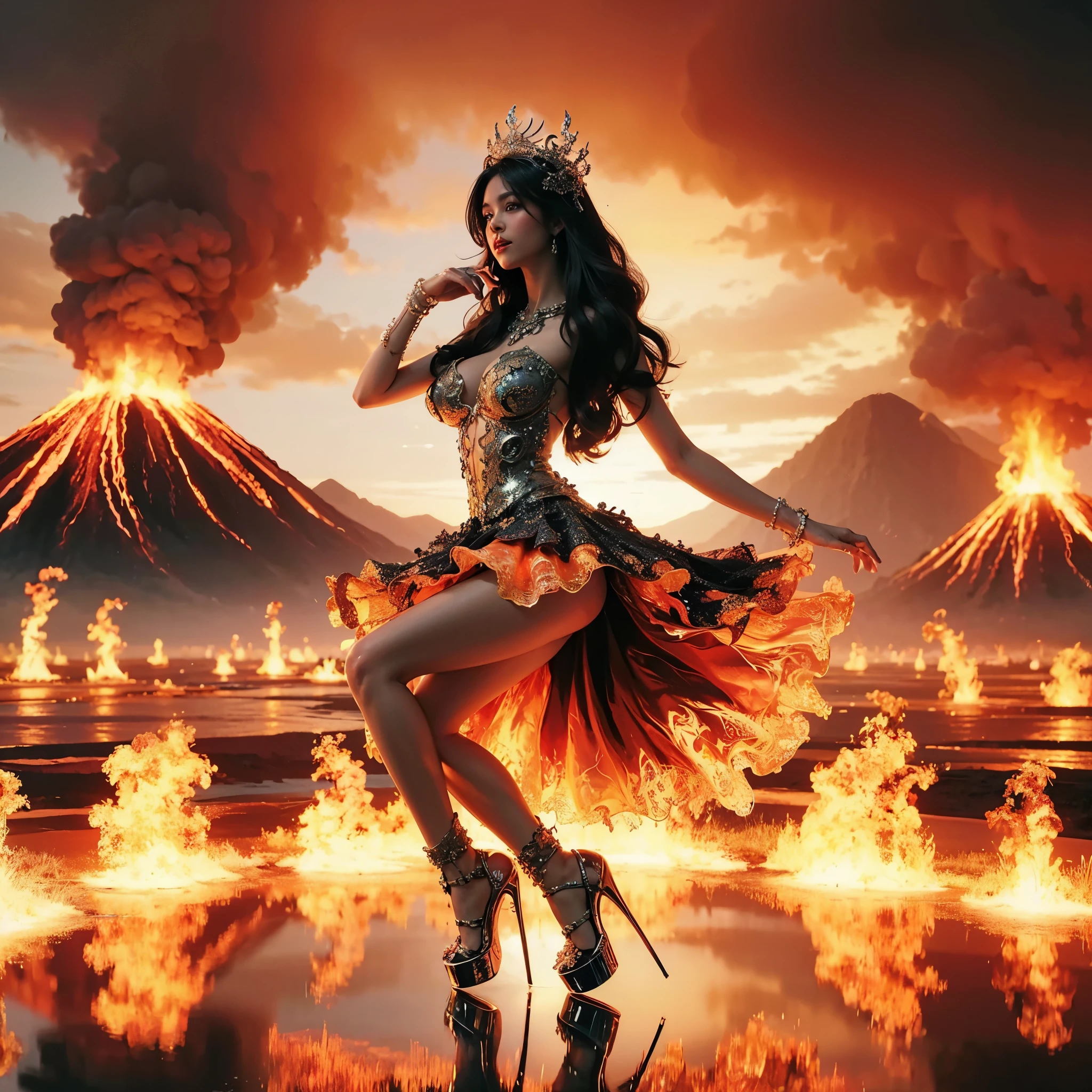 arafed woman with bustier gigantic breast in a 
Tight fire corset and flame dress in front of a building, wearing an ornate outfit, ornate dress, intricate dress, elegant flame corset, ornate and elegant, extravagant dress, inspired by Hedi Xandt, ornate attire, intricate outfit, ornate royal gown, ornate clothing, ornate gown, intricate and elegant, intricate detailed dress, ornate , royal dress, detailed hand, detailed finger, Fire in the body, Fire on the dress, Fire element, Transparent clothing, masterpiece, best quality:1.2),,(8k,highres,RAW photo,realistic,photo-realistic:1.3),(detailed skin texture,detailed cloth texture,detailed flame texture, beautiful detailed face:1.25),professional lighting,photon mapping,beautiful soft light,radiosity,physically-based rendering,raytracing, model shoot style, model shoot style, (extremely detailed CG unity 8k wallpaper), full shot body photo of the most beautiful artwork in the world, ((NSFW)) ((Large breast)) (( Nude)) ((Naked)) ((Nipple)) 