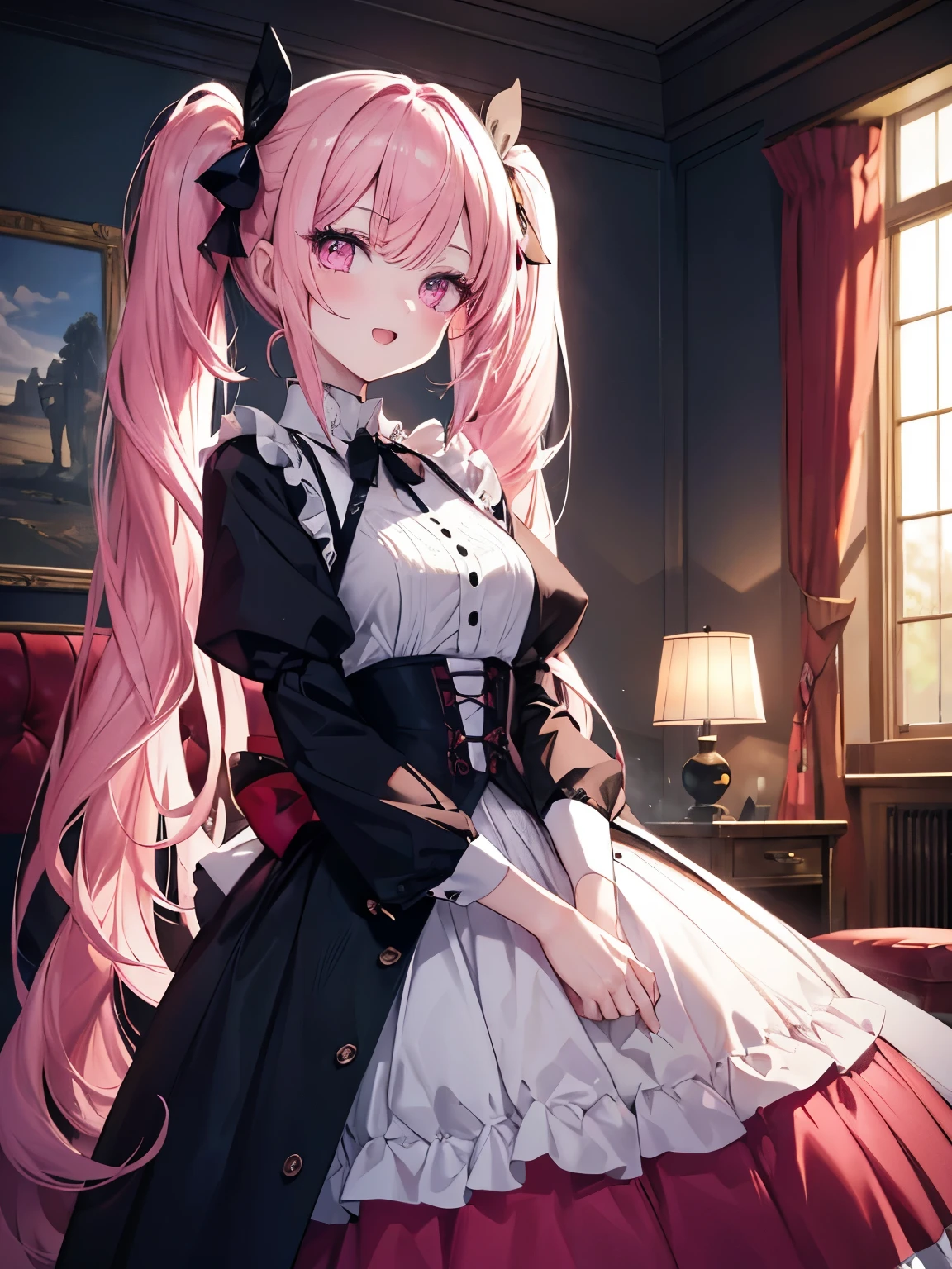 Anime girl with long pink hair sitting on a bed in a room - SeaArt AI