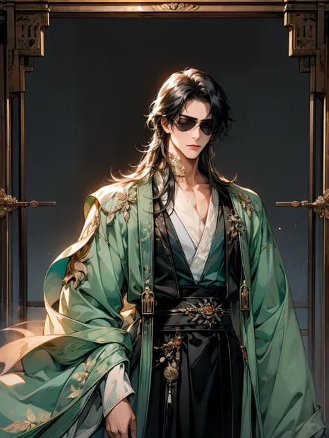 masterpiece, collage of man, blindfold, chinese clothes,hanfu, long black hair