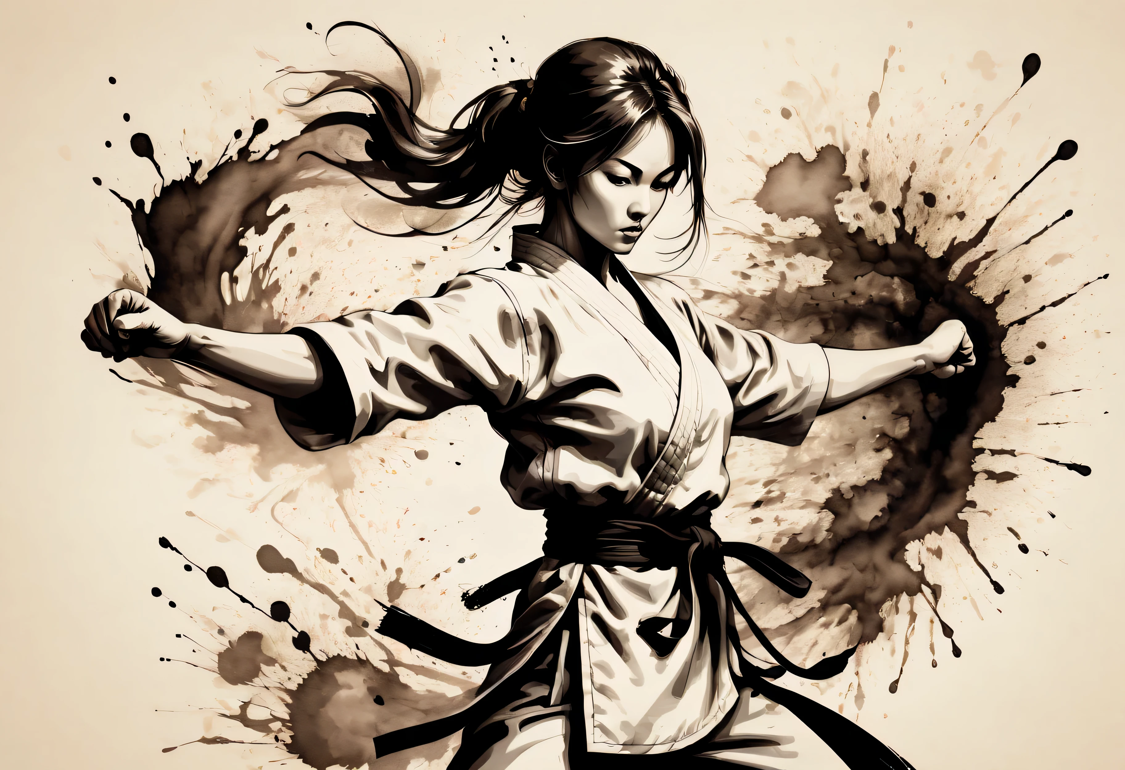 ((Violent_expression:1.2), ((Karate Kumite):1.5), ((2 Female):1.3) ((Female Karate):1.2), ((Hourglass_figure):1.1). ((Trading blows):1.3), | Outlined in black ink, the figure is depicted with smooth lines, expressing emotions and posture through the contrast of ink density. The background is minimalist, emphasizing light, shadow, and spatial perception.
