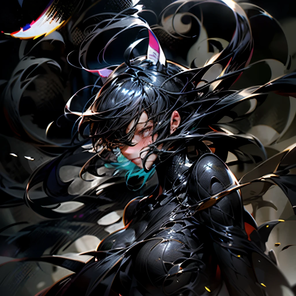 black hair, hair bobbles, wince, longeyelashes, solid circle eyes, fake animal ears, light smile, ear blush, fang, ahoge, hair strand, absurdly long hair, curtained hair, huge ahoge, Surrealism, drop shadow, anaglyph, stereogram, tachi-e, ass pov, atmospheric perspective, 8k, super detail, ccurate, best quality, highres, award winning, high quality, Textured skin elegant，Translucent pink gemstone eyes，Transparent gemstone eyes，Lying in bed and taking a nap，sleep，Quilt，Pillow，Pillow
