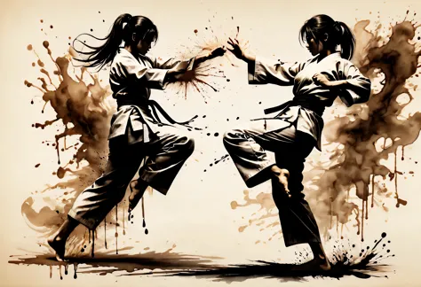((Violent_expression:1.2), ((Karate Kumite):1.5), ((2 Female):1.3) ((Female Karate):1.2), ((Hourglass_figure):1.1). ((Trading bl...