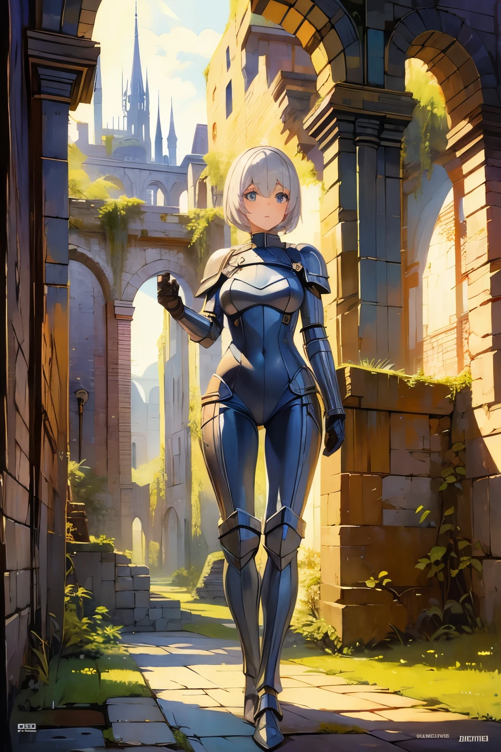 (((masterpiece))), (((best quality))), ((ultra-detailed)), (cinematic lighting), (illustration), (beautiful detailed eyes), (1girl), full body, space, knight, armour, light hair, walking, castle in distance, best quality, expressive eyes, perfect face, Girl: (20s, white hair, short hair, black jumpsuit, grey and blue armour),