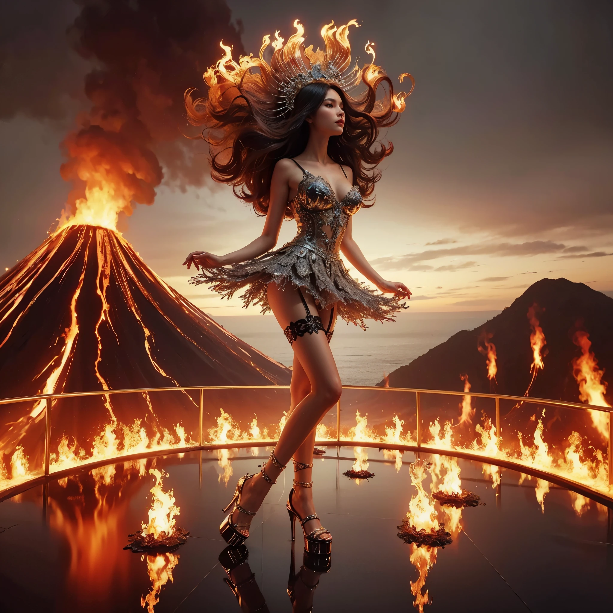 arafed woman with bustier gigantic breast in a 
Tight fire corset and flame dress in front of a building, wearing an ornate outfit, ornate dress, intricate dress, elegant flame corset, ornate and elegant, extravagant dress, inspired by Hedi Xandt, ornate attire, intricate outfit, ornate royal gown, ornate clothing, ornate gown, intricate and elegant, intricate detailed dress, ornate , royal dress, detailed hand, detailed finger, Fire in the body, Fire on the dress, Fire element, Transparent clothing, masterpiece, best quality:1.2),,(8k,highres,RAW photo,realistic,photo-realistic:1.3),(detailed skin texture,detailed cloth texture,detailed flame texture, beautiful detailed face:1.25),professional lighting,photon mapping,beautiful soft light,radiosity,physically-based rendering,raytracing, model shoot style, model shoot style, (extremely detailed CG unity 8k wallpaper), full shot body photo of the most beautiful artwork in the world, ((NSFW)) ((Large breast)) (( Nude)) ((Naked)) ((Nipple)) 