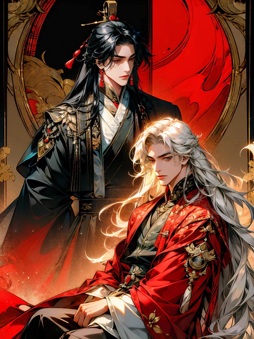 masterpiece, collage of 2 men in chinese clothes,hanfu, long black hair, long white hair