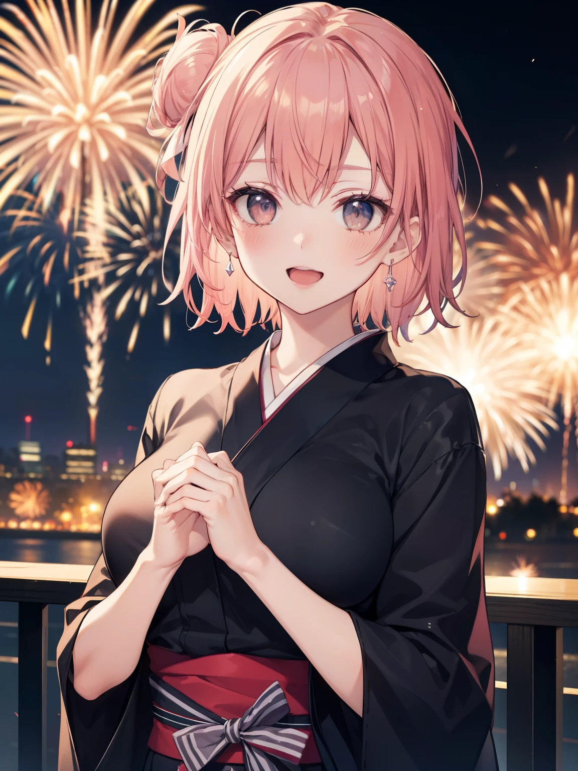 Yuigahama Yui, short hair, brown eyes, Pink hair,  single bun hair, 
1girl,  

looking at viewer, 
(masterpiece:1.2), highest quality, High resolution, unity 8k wallpaper,  (beautiful and fine eyes), highly detailed face, perfect lighting, Very detailed CG, (perfect hands, perfect anatomy),

blush, smile, open mouth,  
big breasts, 

black yukata, 
Background of the fireworks display, 