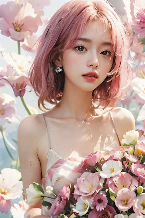 1 girl,flower, Lisianthus ,pale pinkと淡い紺碧のスタイルで, dreamy and romantic compositions, pale pink, ethereal foliage, playful arrangem...