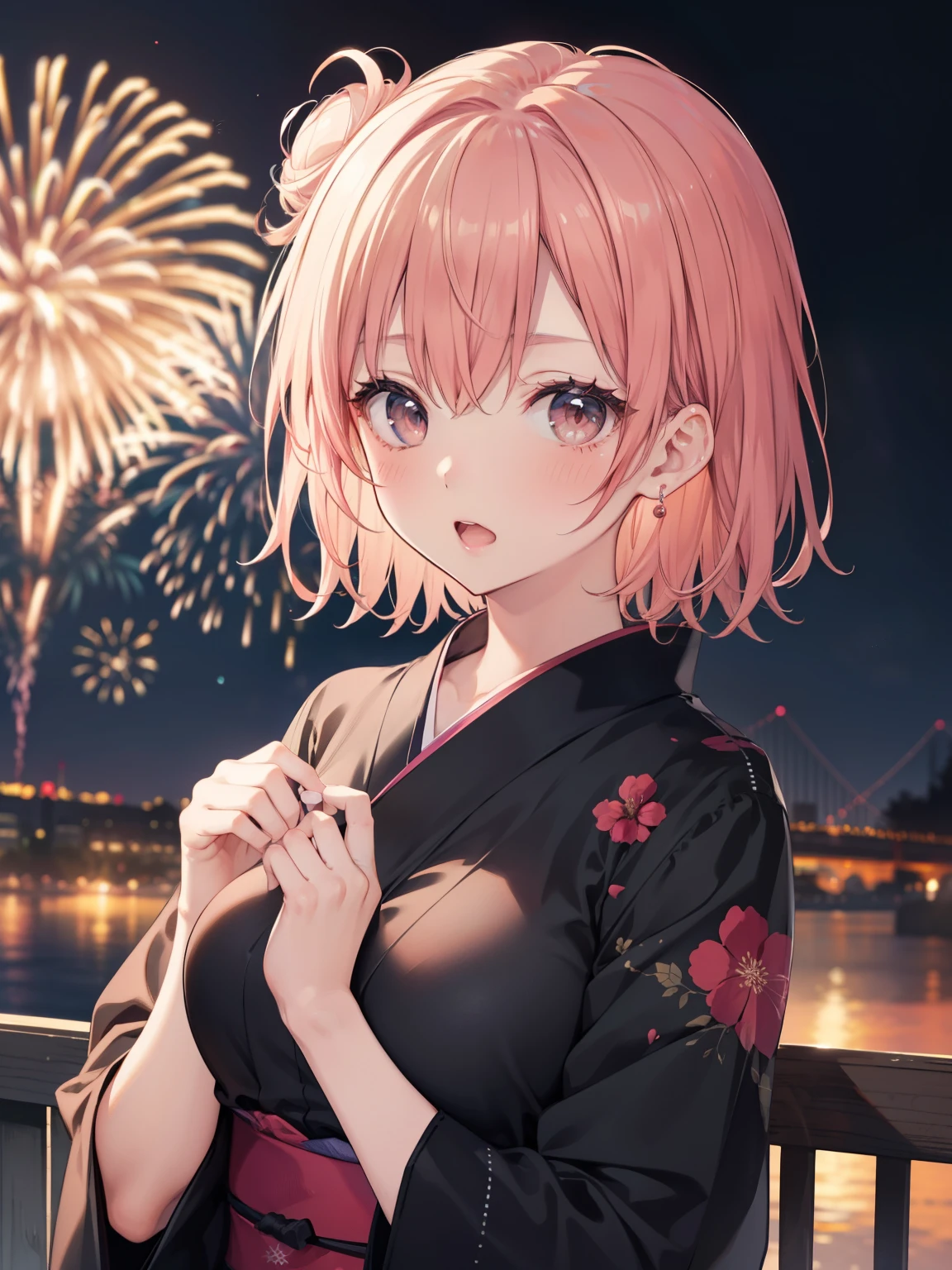 Yuigahama Yui, short hair, brown eyes, Pink hair,  single bun hair, 
1girl,  

looking at viewer, 
(masterpiece:1.2), highest quality, High resolution, unity 8k wallpaper,  (beautiful and fine eyes), highly detailed face, perfect lighting, Very detailed CG, (perfect hands, perfect anatomy),

blush, embarrassed, open mouth,  
big breasts, focus breasts, 
upper body, 
black yukata, 
Background of the fireworks display, blurred background, 