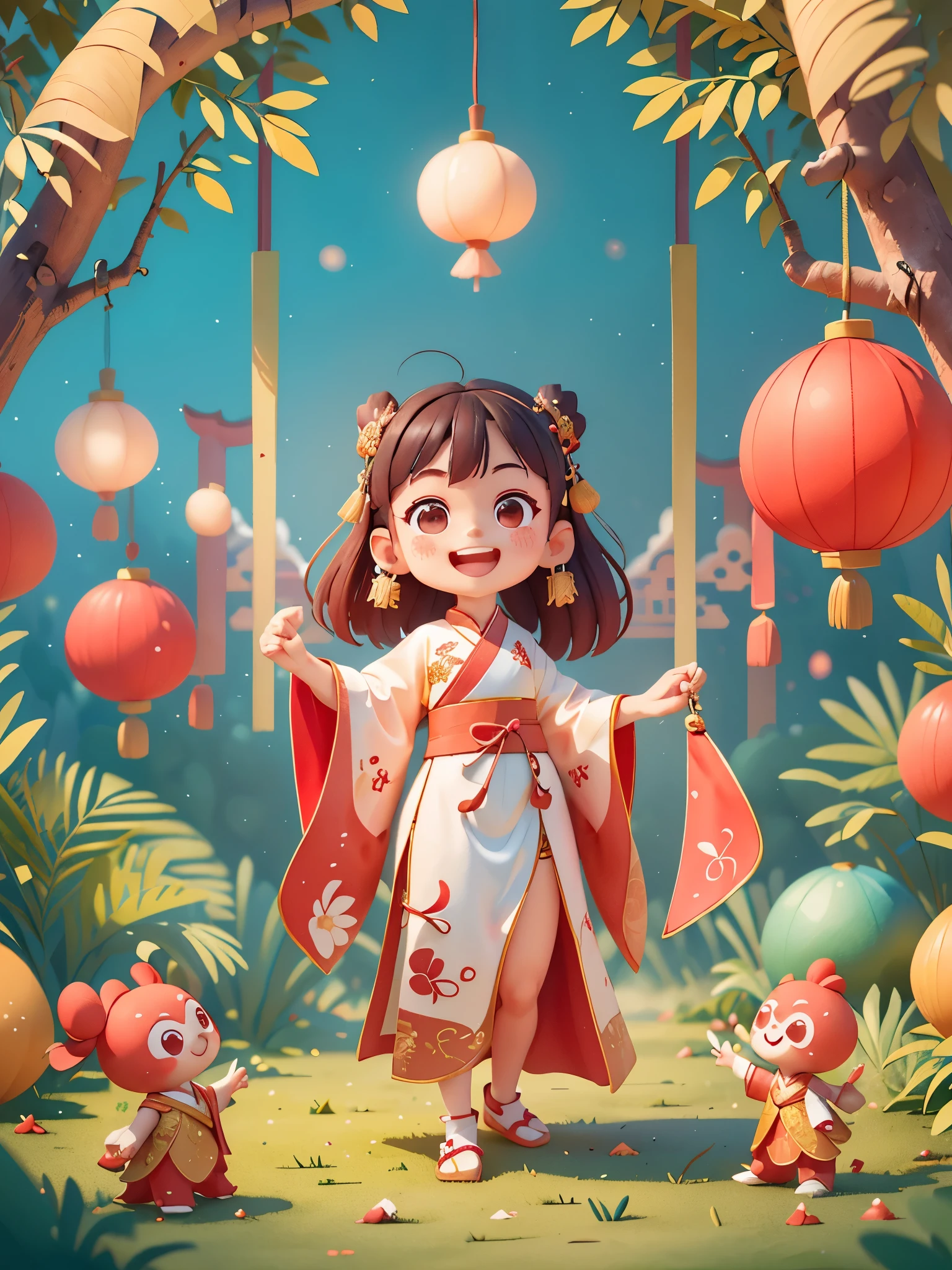 Lovely((preschool))girl, wear((Red Hanfu long dress))，Hold fists with hands，To you，Happy New Year，background：old Chinese building，Fireworks in the sky，Smile.，Happy, digital illustration, Illustration poster, (auspicious, Red),(traditional, culture),(Delightful, festive)， (masterpiece: 1.2) (actual: 1.2) (Bokeh) (best quality) (delicate skin: 1.3) (intricate details) (8k) (exquisite eyes) (sharp focus), 