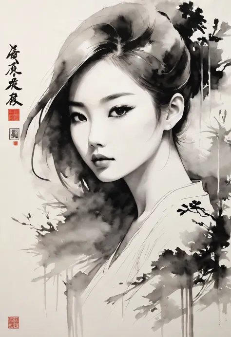 girl，black and white painting，outline with black ink，smooth lines，通过墨迹的浓淡对比展现girl的表情和姿态，the background is simple，emphasize light...