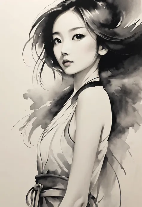 girl，black and white painting，Outline with black ink，smooth lines，通过墨迹的浓淡对比展现girl的表情和姿态，The background is simple，emphasize light...