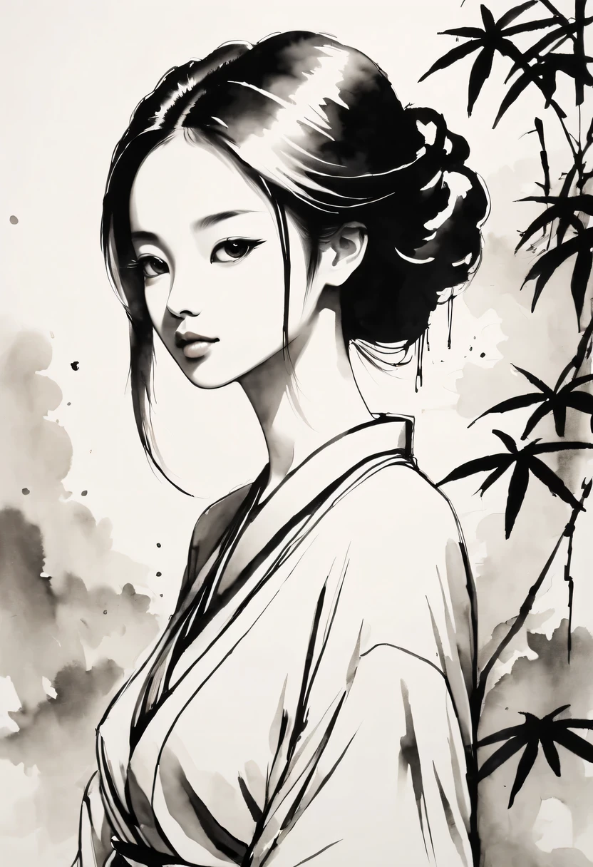 girl，black and white painting，Outline with black ink，smooth lines，通过墨迹的浓淡对比展现girl的表情和姿态，The background is simple，emphasize light, shadow and space，lots of white space，Use thick and light inks to create light and dark changes and layers，Choose the right ink color，Such as deep black、Thick gray、Light coffee, ETC，Express different situations and atmospheres，Control the gradient and transition of ink colors through the humidity and consistency of the ink，black and white tones， 中国传统ink painting, Chinese traditional art, ink painting, 中国ink painting, Chinese painting style