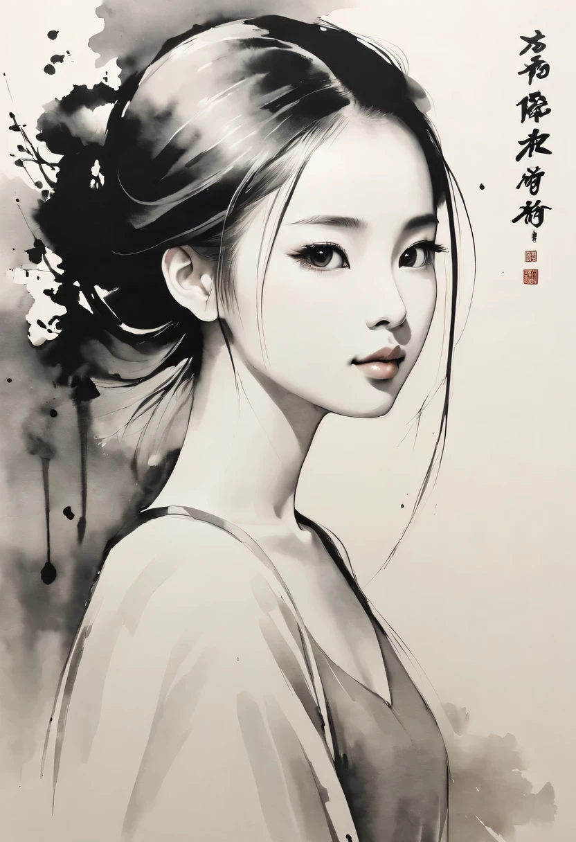 女孩，黑白绘画，用黑色墨水勾勒轮廓，流畅的线条，通过墨迹的浓淡对比展现女孩的表情和姿态，背景简单，强调光, 阴影和空间，大量空白，使用浓淡墨水创造明暗变化和层次，选择正确的墨水颜色，比如深黑色、厚灰、淡咖啡, ETC，表达不同的情境和氛围，通过墨水的湿度和稠度来控制墨水颜色的渐变和过渡，黑色和白色色调， 中国传统水墨画, 中国传统艺术, 水墨画, 中国水墨画, 中国画风格