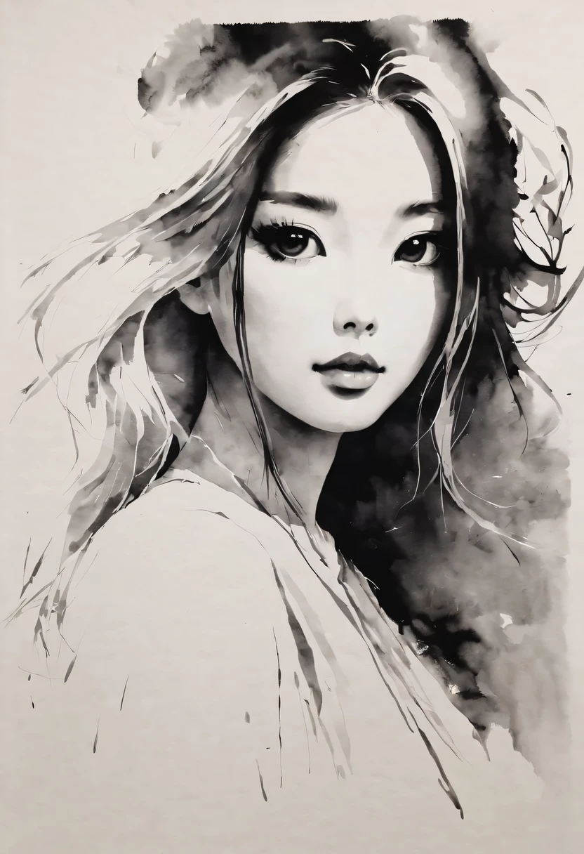 girl，black and white painting，Outline with black ink，smooth lines，通过墨迹的浓淡对比展现girl的表情和姿态，The background is simple，emphasize light, shadow and space，lots of white space，Use thick and light inks to create light and dark changes and layers，Choose the right ink color，Such as deep black、Thick gray、Light coffee, ETC，Express different situations and atmospheres，Control the gradient and transition of ink colors through the humidity and consistency of the ink，black and white tones， 中国传统ink painting, Chinese traditional art, ink painting, 中国ink painting, Chinese painting style