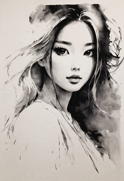 girl，black and white painting，Outline with black ink，smooth lines，通过墨迹的浓淡对比展现girl的表情和姿态，The background is simple，emphasize light...