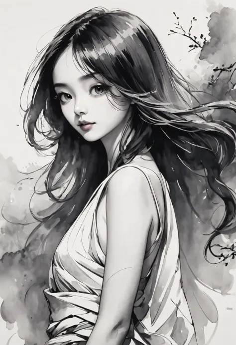 girl，black and white painting，Outline with black ink，smooth lines，通过墨迹的浓淡对比展现girl的表情和姿态，The background is simple，emphasize light...