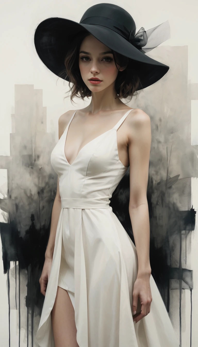 用黑色墨水勾勒出轮廓，流畅的线条，显示角色&#39; 通过水墨的浓淡对比来表现表情和姿势，背景极简，强调光线, 阴影和空间。戴白帽子、穿着黑色连衣裙的女人的素描, 精美艺术品, CG社会&#39;热点话题, 具象艺术, 杰里米·曼的风格,穿着整洁、端庄. 感性绘画, 瓦洛普 |, 瑞安·休伊特, 杰里米·曼纳特