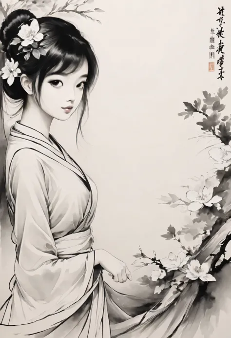 girl，black and white painting，outline with black ink，smooth lines，通过墨迹的浓淡对比展现girl的表情和姿态，the background is simple，emphasize light...