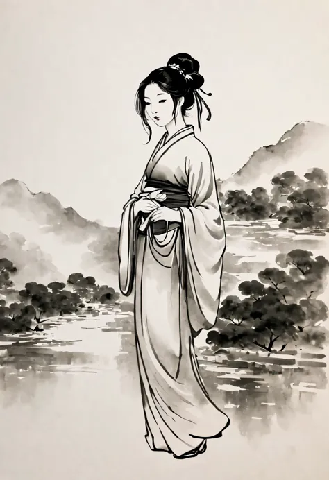 girl，black and white painting，Outline with black ink，smooth lines，通过墨迹的浓淡对比展现girl的表情和姿态，The background is simple，emphasize light...