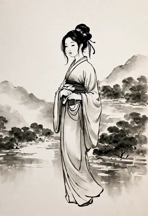 girl，black and white painting，outline with black ink，smooth lines，通过墨迹的浓淡对比展现girl的表情和姿态，the background is simple，emphasize light...