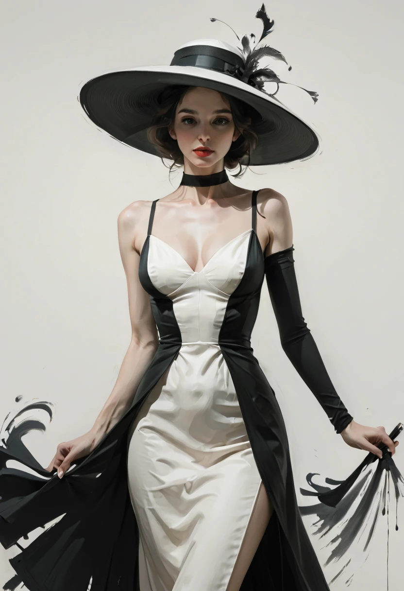 Outlined with black ink，smooth lines，Show the characters&#39; expressions and postures through the contrast of ink shades，The background is minimalist，Emphasis on light, shadow and space。wearing white hat、drawing of woman in black dress, fine art piece, CGSociety&#39;s Hot Topics, figurative art, style of Jeremy Mann,Dress neatly and modestly. art