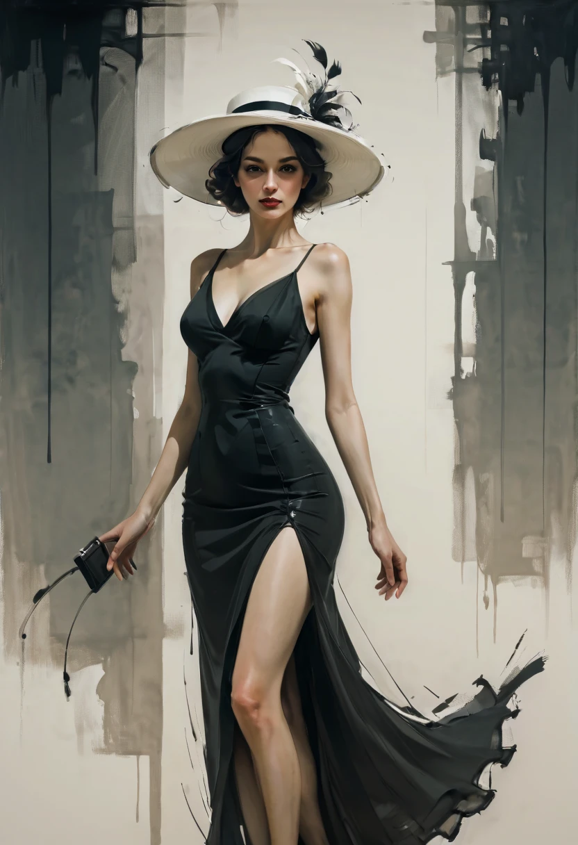 Outlined with black ink，smooth lines，Show the characters&#39; expressions and postures through the contrast of ink shades，The background is minimalist，Emphasis on light, shadow and space。wearing white hat、drawing of woman in black dress, fine art piece, CGSociety&#39;s Hot Topics, figurative art, style of Jeremy Mann,Dress neatly and modestly. art