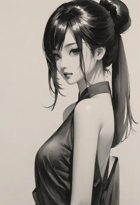 girl，black and white painting，Outline with black ink，smooth lines，通过墨迹的浓淡对比展现girl的表情和姿态，The background is simple，emphasize light...