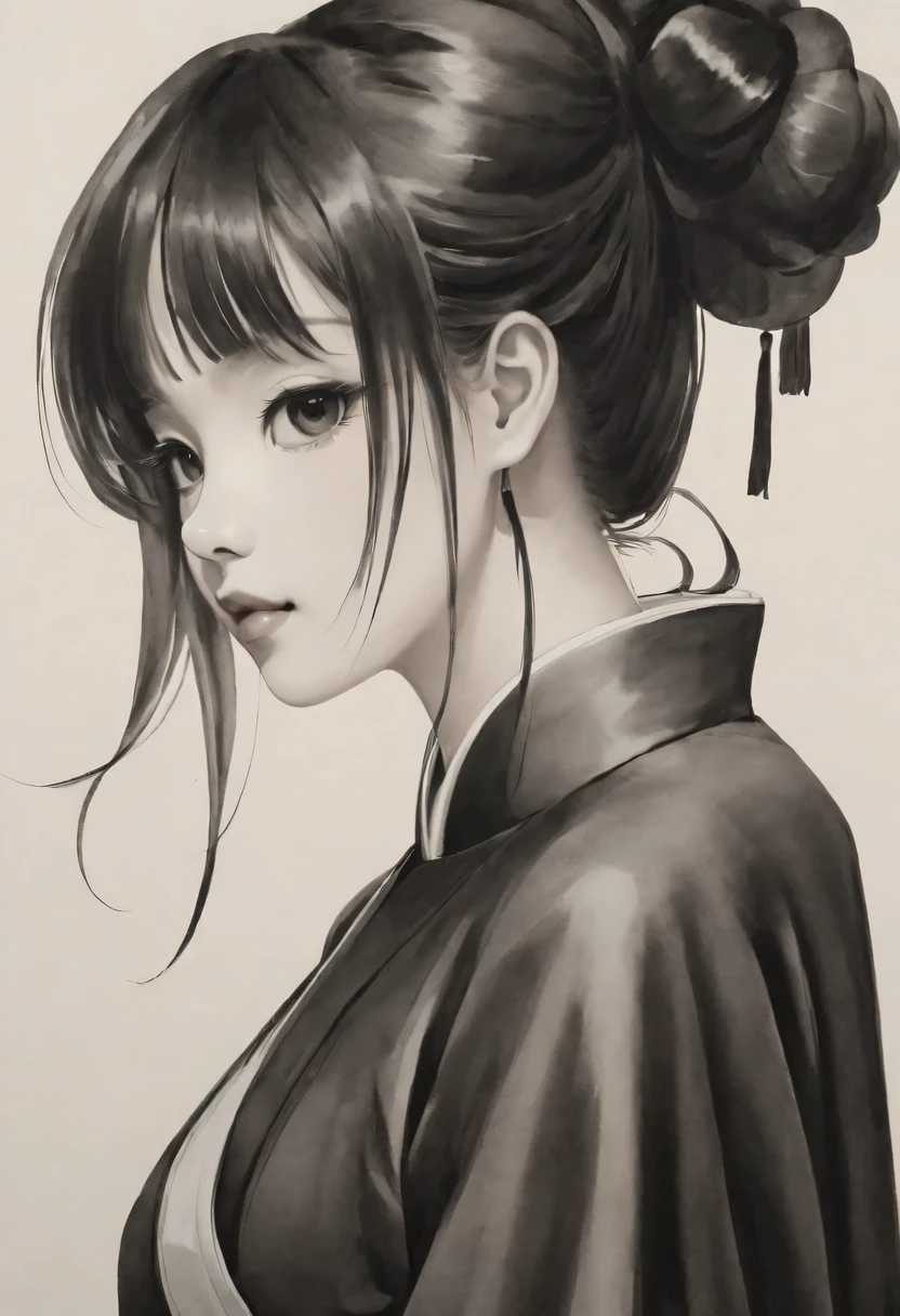 girl，black and white painting，Outline with black ink，smooth lines，通过墨迹的浓淡对比展现girl的表情和姿态，The background is simple，emphasize light, shadow and space，lots of white space，Use thick and light inks to create light and dark changes and layers，Choose the right ink color，Such as deep black、Thick gray、Light coffee, ETC，Express different situations and atmospheres，Control the gradient and transition of ink colors through the humidity and consistency of the ink，black and white tones， 中国传统ink painting, Chinese traditional art, ink painting, 中国ink painting, Chinese painting style