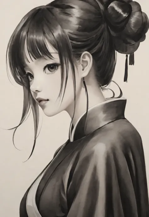girl，black and white painting，Outline with black ink，smooth lines，通过墨迹的浓淡对比展现girl的表情和姿态，The background is simple，emphasize light...