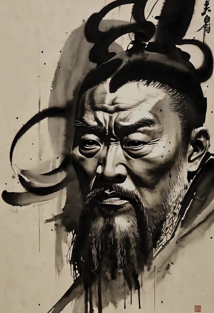 (línea de tinta de alto contraste, Posturas expresivas y expresiones faciales., fondo sencillo, Énfasis en la iluminación y la conciencia espacial., mucho espacio negativo, Guan Yu) (actual, pintura a tinta blanca y negra:1.5), (alta calidad, detallado, Líneas de tinta precisas:1.6), (Iluminación enfocada, sombra dramática), (Poses encantadoras y dinámicas.), (expresiones faciales expresivas:1.1), (majestuoso, muscular), (expresión estoica y decidida), (Exquisitas armaduras y armas), (Borrar detalles), [elementos de fondo sutiles],