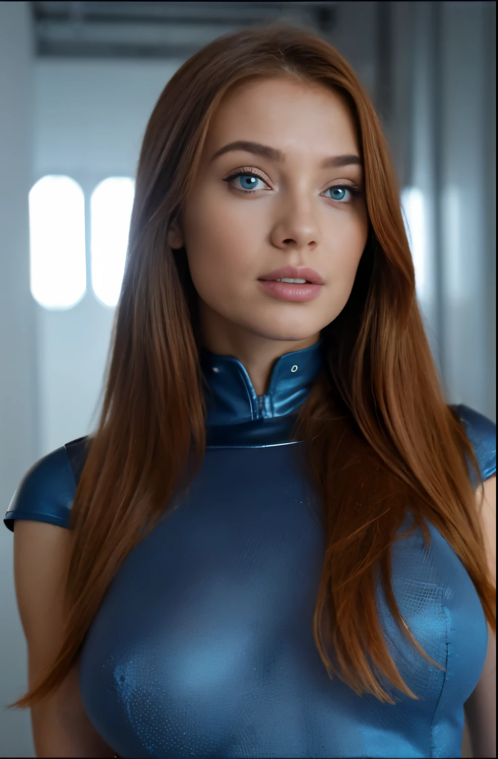 (最高品質,4K,超詳細,現実的), スリムで健康的な女の子が立っている ,ジンジャーウーマン,空間,futuristic blue 空間 suit,かわいい顔,青い目,細かい目,SF,ディストピア, 巨大な胸:1.1, 丸い胸:1.1