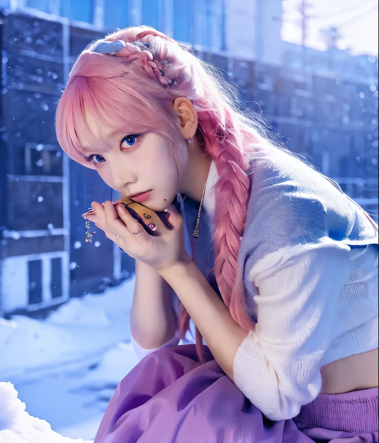 Extreme details, flawless, aerial view, Like a work of art., Anime girl holding ice and snow sword, Pink hair and a long purple skirt complement each other., Staring at Ayaka Genshin from afar, Take us into the world of Genshin..