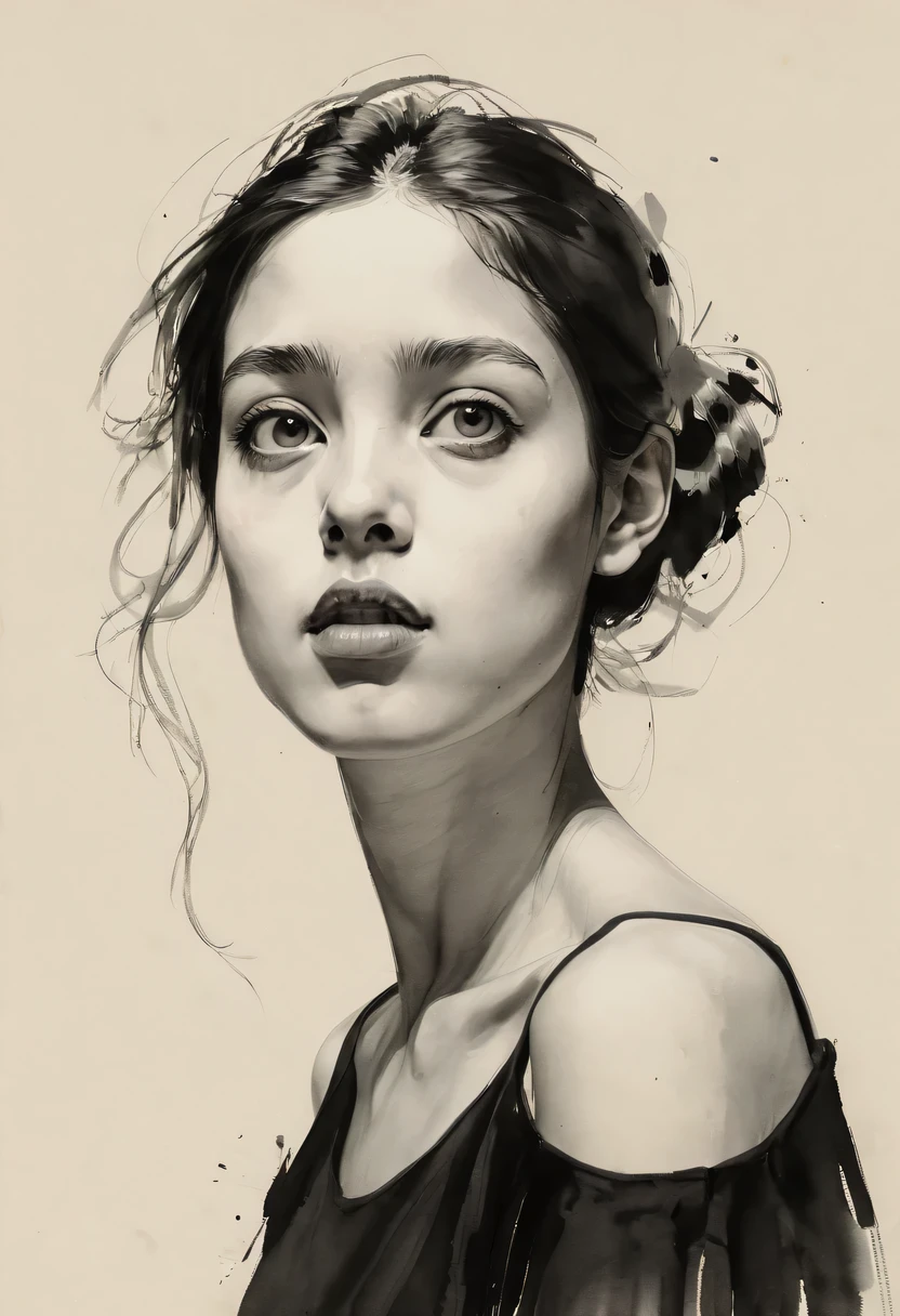 (best quality, high resolution, masterpiece:1.2), Super detailed, actual:1.37, black ink sketch, smooth lines, Expressive facial expressions and gestures, simple background, Emphasis on light, shadow and spatial perception, Abundant negative space, young girl.