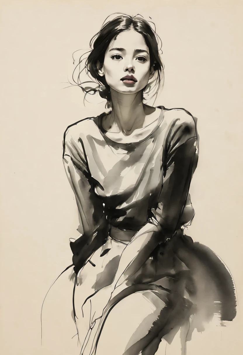 (best quality, high resolution, masterpiece:1.2), Super detailed, actual:1.37, black ink sketch, smooth lines, Expressive facial expressions and gestures, simple background, Emphasis on light, shadow and spatial perception, Abundant negative space, young girl.