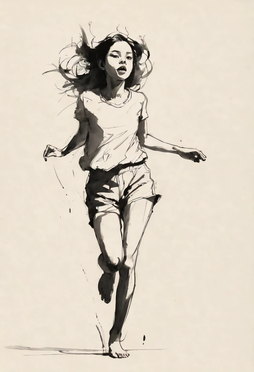 (best quality, high resolution, masterpiece:1.2), Super detailed, actual:1.37, black ink sketch, smooth lines, Expressive facial expressions and gestures, simple background, Emphasis on light, shadow and spatial perception, Abundant negative space, young girl.