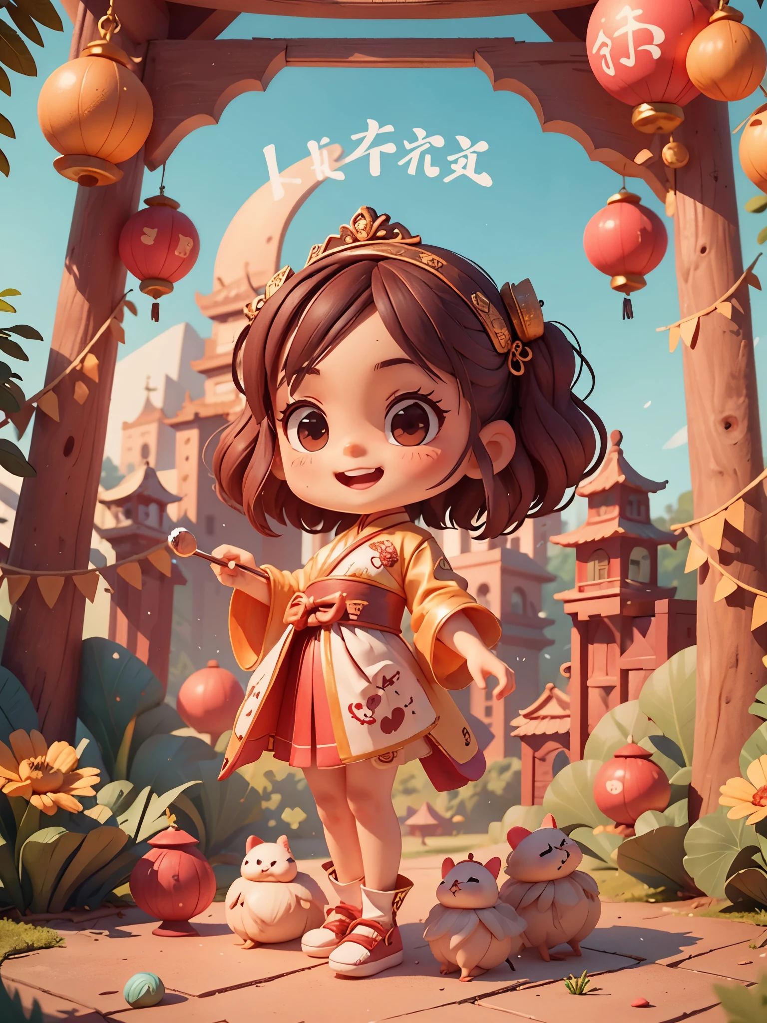 Lindo tema de año nuevo，Crea una colección de adorables muñecas chinas estilo chibi., Cada uno con toneladas de detalles y resolución de 8K.. Todas las muñecas deben seguir el mismo trasfondo arquitectónico chino.,linternas rojas alrededor, mini muñeca china: Llámala Marina. Ella debe tener una cabeza redonda de color marrón oscuro.. Tus ojos deben ser grandes y expresivos, pestañas largas y mejillas sonrosadas. La sonrisa es delicada y blanca.. Sophie debe llevar un vestido rojo Hanfu., Debe tener una pancarta roja en la mano.. , Certificado Avanzado Bonito, Textura y detalles del cabello., Ropa, utensilios para dulces, Hazlos más lindos y encantadores.. (((Reducir la exposición de la piel)))，Movimientos correctos，