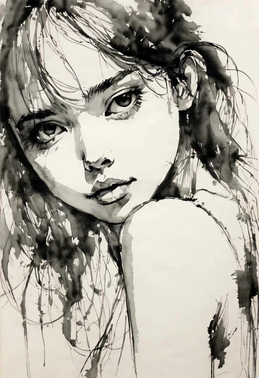 (best quality, high resolution, masterpiece:1.2), Super detailed, actual:1.37, black ink sketch, smooth lines, Expressive facial expressions and gestures, simple background, Emphasis on light, shadow and spatial perception, Abundant negative space, young girl.