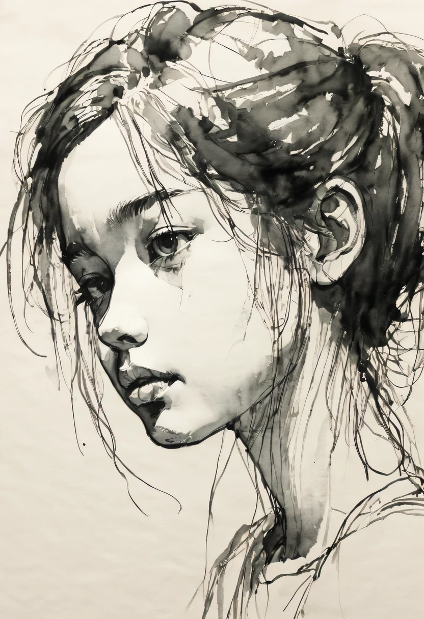 (best quality, high resolution, masterpiece:1.2), Super detailed, actual:1.37, black ink sketch, smooth lines, Expressive facial expressions and gestures, simple background, Emphasis on light, shadow and spatial perception, Abundant negative space, young girl.