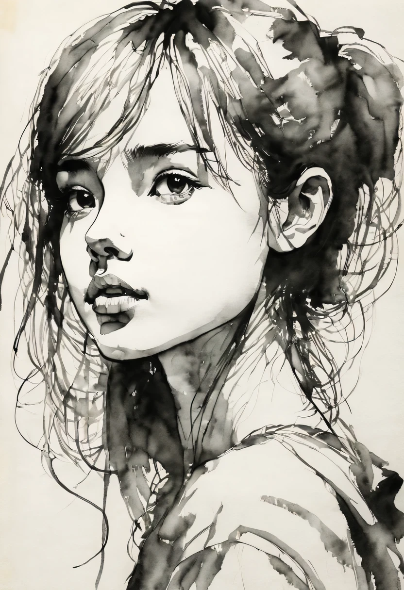 (best quality, high resolution, masterpiece:1.2), Super detailed, actual:1.37, black ink sketch, smooth lines, Expressive facial expressions and gestures, simple background, Emphasis on light, shadow and spatial perception, Abundant negative space, young girl.