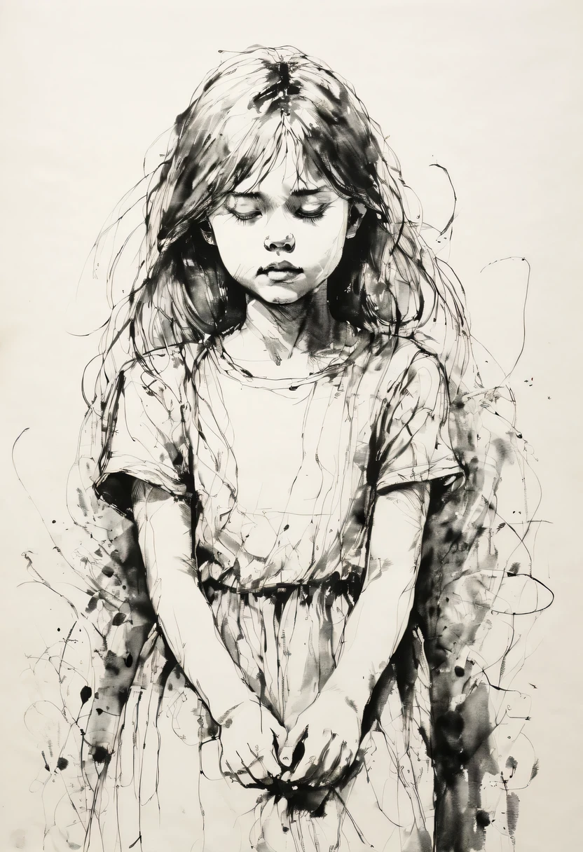 (best quality, high resolution, masterpiece:1.2), Super detailed, actual:1.37, black ink sketch, smooth lines, Expressive facial expressions and gestures, simple background, Emphasis on light, shadow and spatial perception, Abundant negative space, young girl.