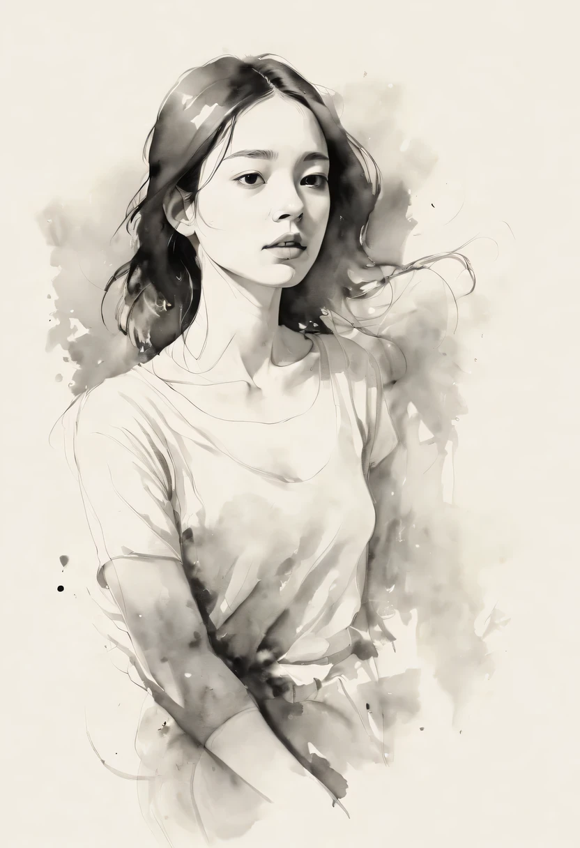 (best quality, high resolution, masterpiece:1.2), Super detailed, actual:1.37, black ink sketch, smooth lines, Expressive facial expressions and gestures, simple background, Emphasis on light and shadow and spatial perception, Abundant negative space, young girl.ink portrait,smooth lines,expressive facial features,Subtle emotions,Ink strength comparison,simple background,Emphasis on light and shadow,spacious,Abundant negative space,peaceful atmosphere,peaceful atmosphere,dreamy mood,Subtle yet charming details,pastel colors,Calm and introspective,elegant gesture,Gentle movements,Gentle and innocent,elegant whisper,Quiet and elegant,shining,sublime beauty,Vector illustration,black and white,Natural and organic,nourishing and calming,Sublime simplicity,Ethereal charm.